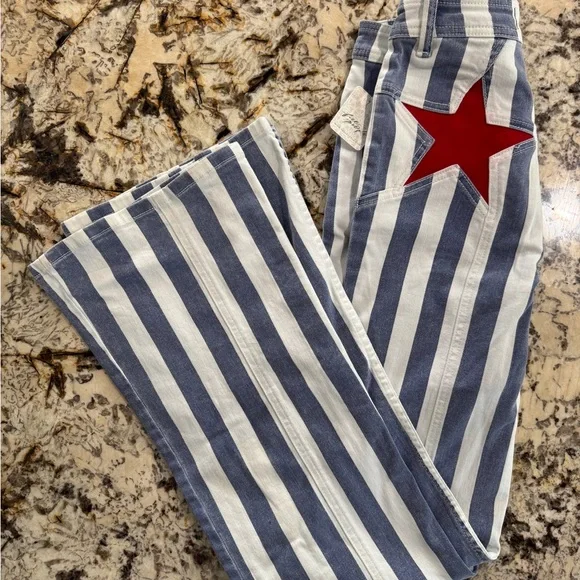 *NWT* Free People Blue and White Striped Pants with Red Star - Picture 2 of 13
